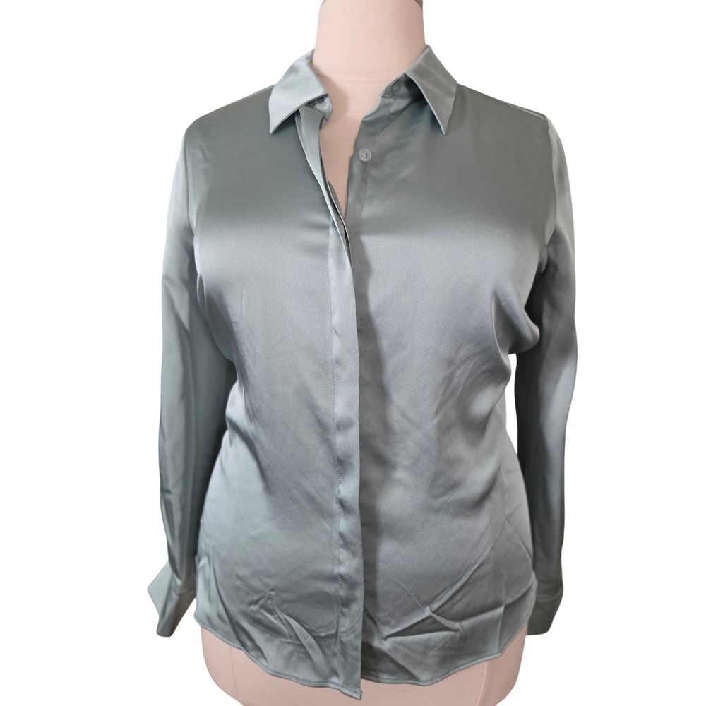 A New Day Sage Green Satin Long Sleeve Button Down Blouse XXL NEW
